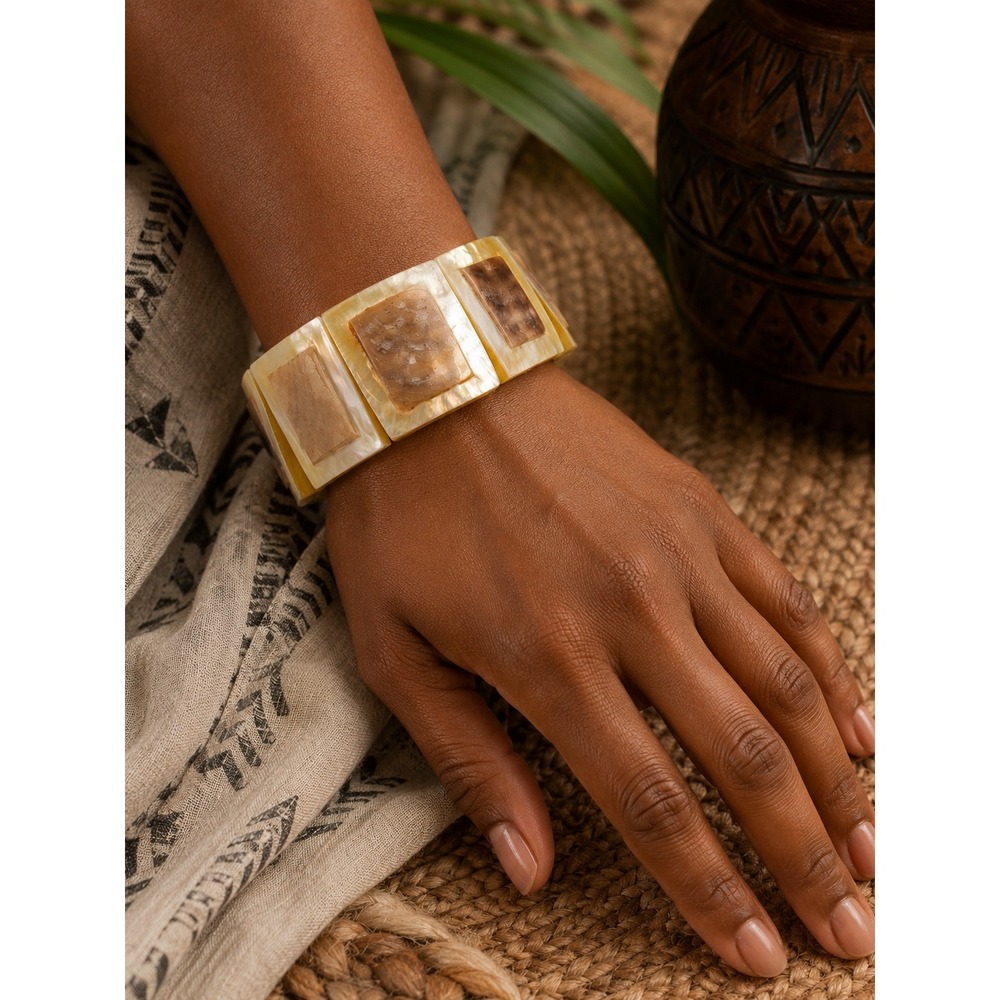 Vintage Mother of Pearl Shell Inlay Stretch Bracelet Cream Brown Lucite Resin